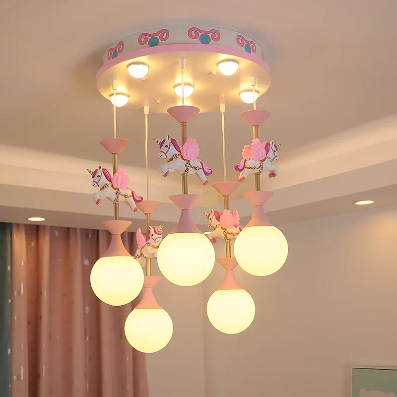 

Cartoon Creative Pink Pegasus Chandelier Girls Bedroom Children's Room Princess Chandelier Nordic Color LED Chandelier