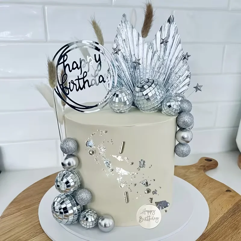 19-teiliges Set Spiegel-Silberkugel Tortendekoration, Glitzer-Silber Schaumstoffkugeln für Disco-Geburtstagsfeiern und Hochzeitstorten – Detail 1