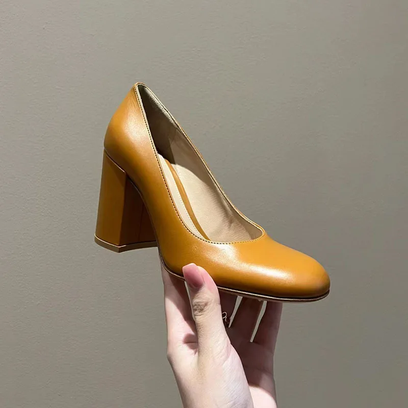 

Ginger Yellow Pumps Women Office Lady Career Zapatos Para Round Toe Leather Solid Color Slip On Buty Damskie Chunky High Heels