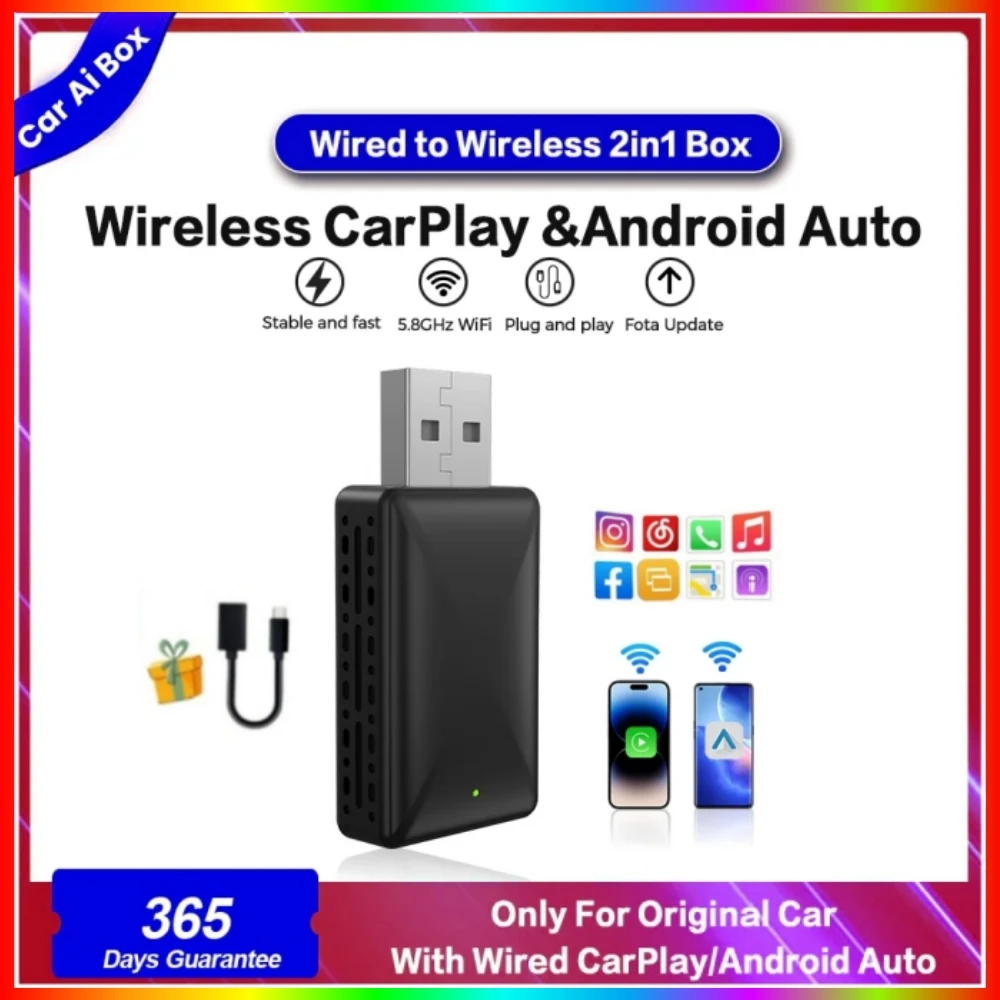 Android Auto Wireless Adapter 2024 New Mini 2 in 1 Box Apple Carplay Dongle for Cars With Wired AA CP Wireless WIFI Plug & Play