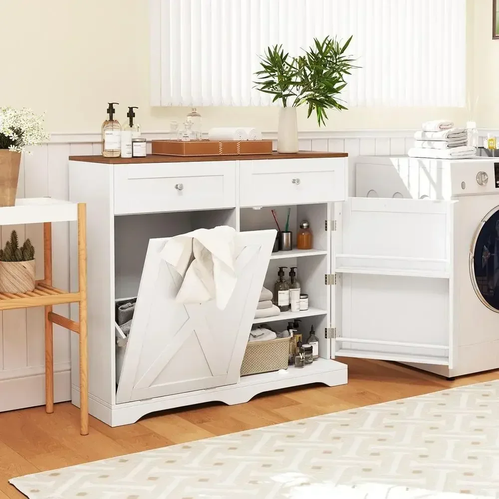 Kitchen Sideboard with Built-in Trash Can, Charging Station, Drawers, and Adjustable Shelves