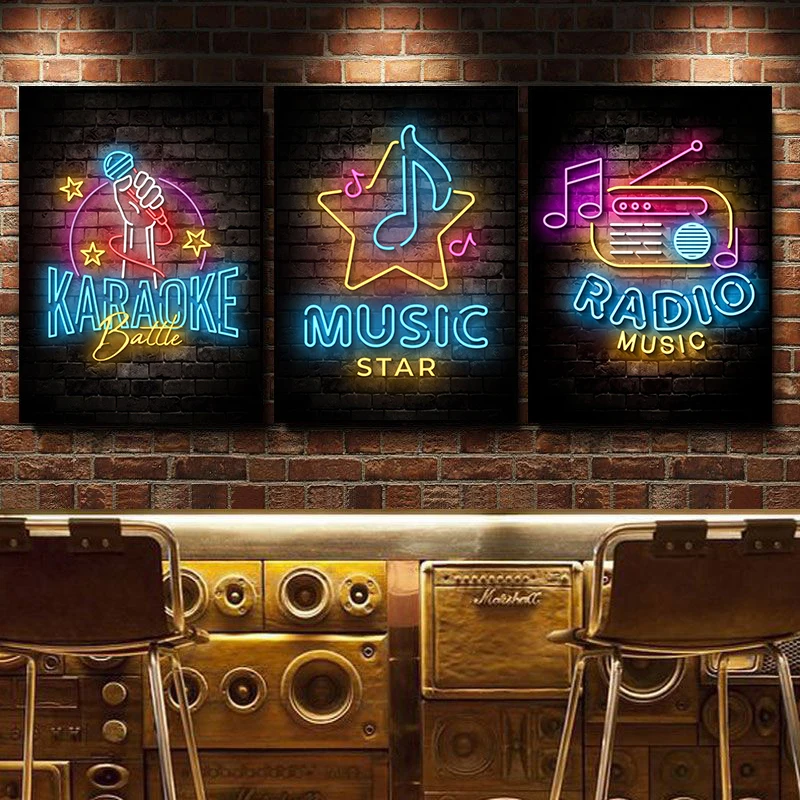 Pop Live Music Neon Poster DJ Rock Jazz Live Show Neon Sign Prints Canvas Painting Wall Art Picture for Karaoke Club Bar Decor