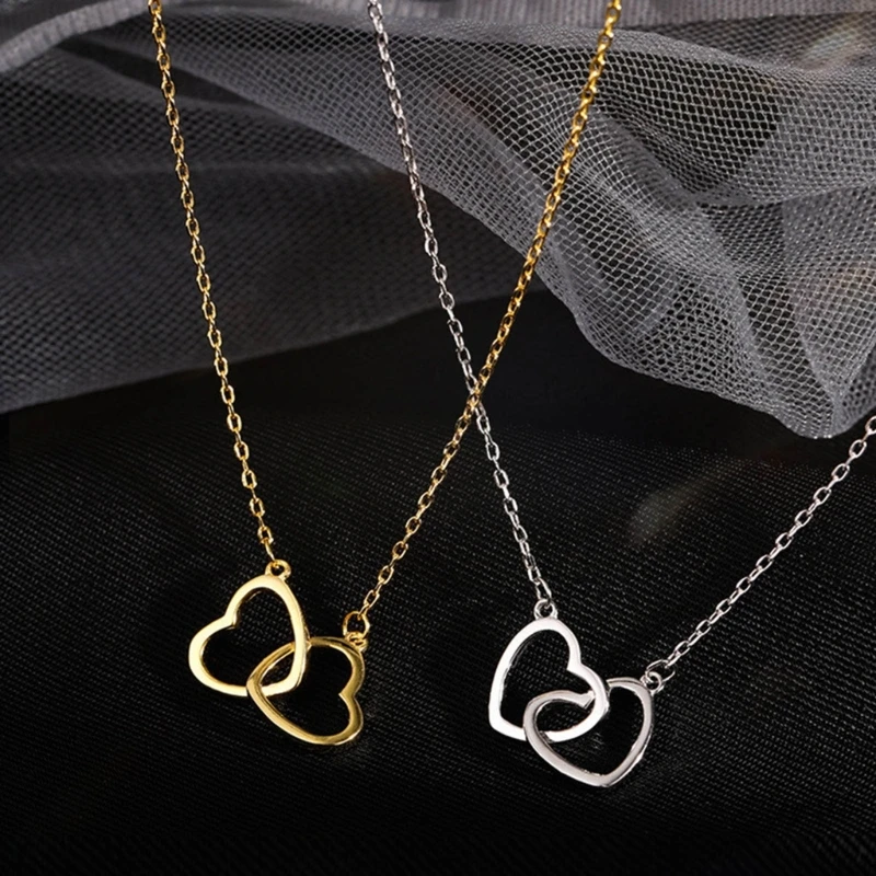2023 New Elegant Hollow Double Heart Charm Choker Simple Metal Chain Necklace Clavicle Chain Party Jewelry Gift for Women Lady