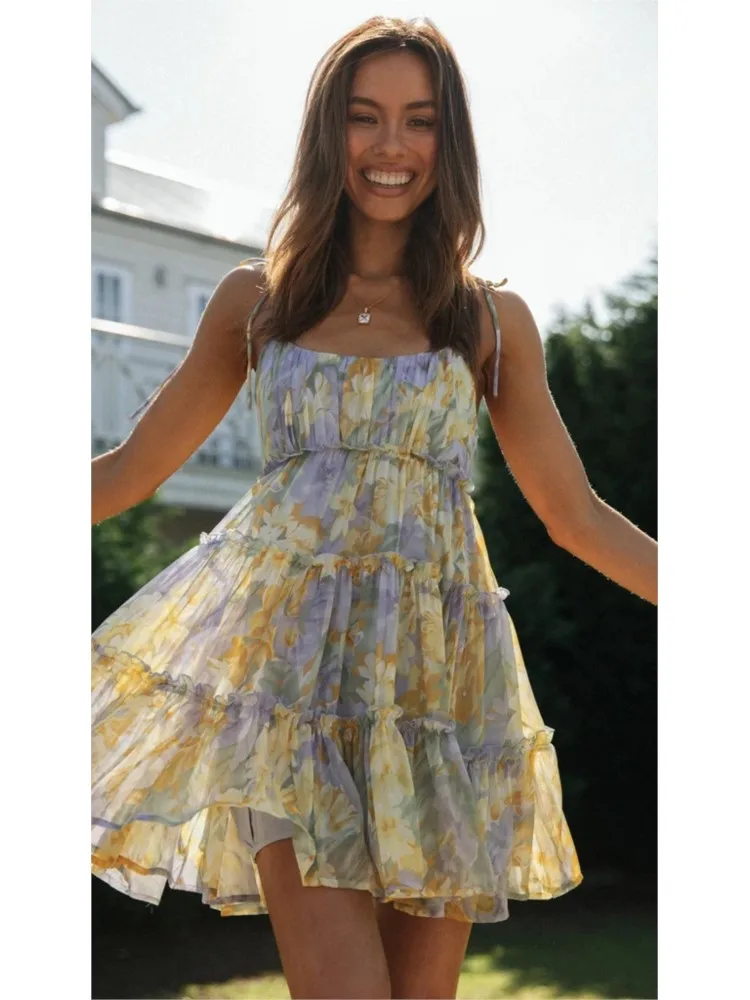 

Summer Leisure Comfort Vacation Mini Dress Bohemia Fashion Floral Print Sexy Backless Sling Dresses Lady Foreign Style Vestidos
