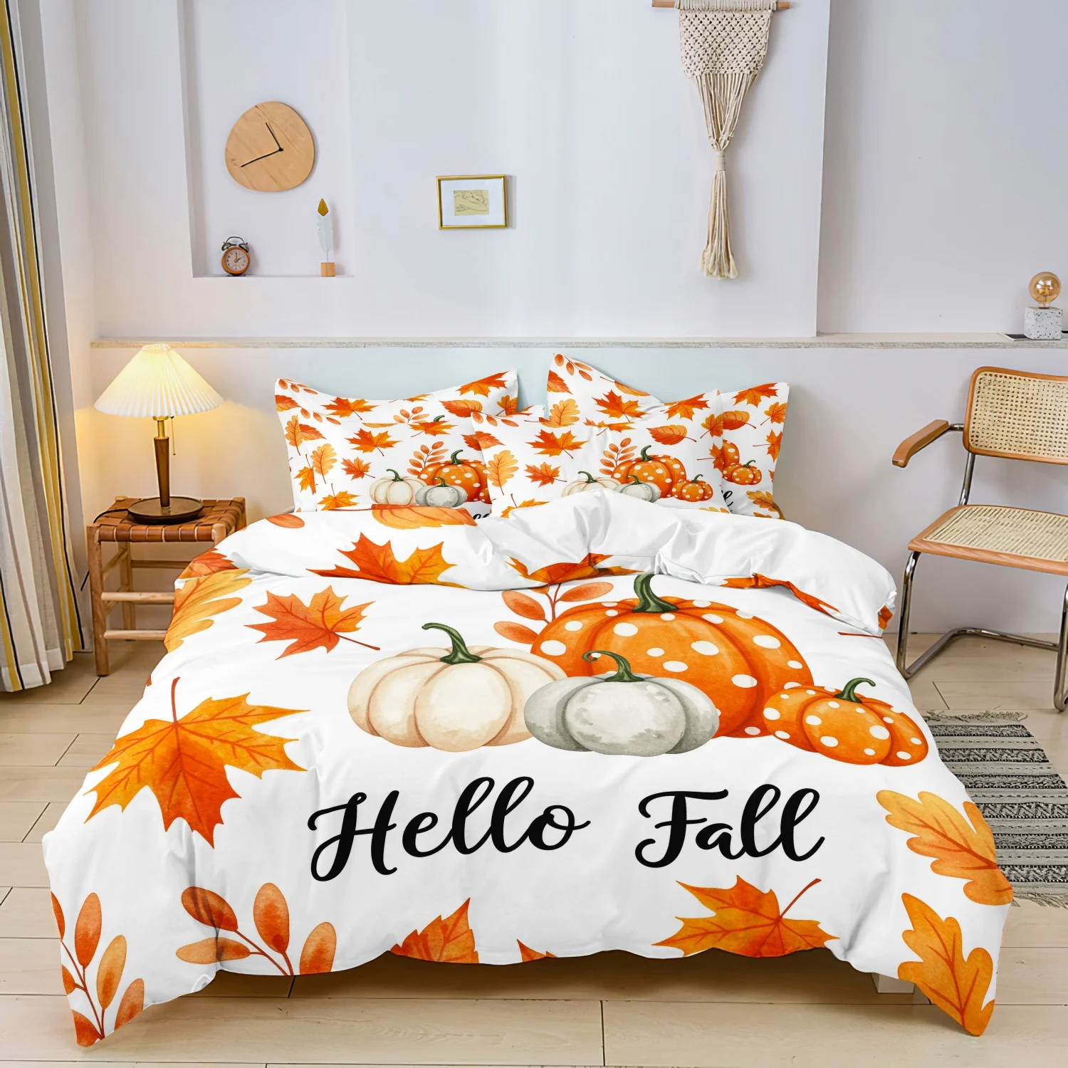 3 Pieces Autumn Pumpkin Maple Leaf Print Duvet Cover Set, Hello Letter Watercolor Harvest Printed Bedding