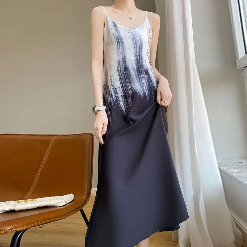 

Acetic Acid Suspender Dress for Women French Style Niche Ink Print Gradient Color Design Dress Summer Silk V-neck Long Skirt