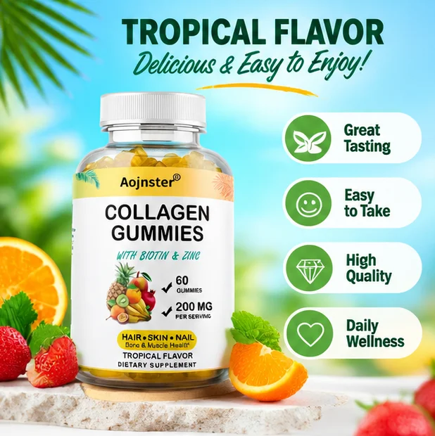 Collagen Gummies with Biotin & Zinc, Tropical Fruit Flavor, 200mg Per Serving, Chewable, 60 Count, Adult Dietary Supplement