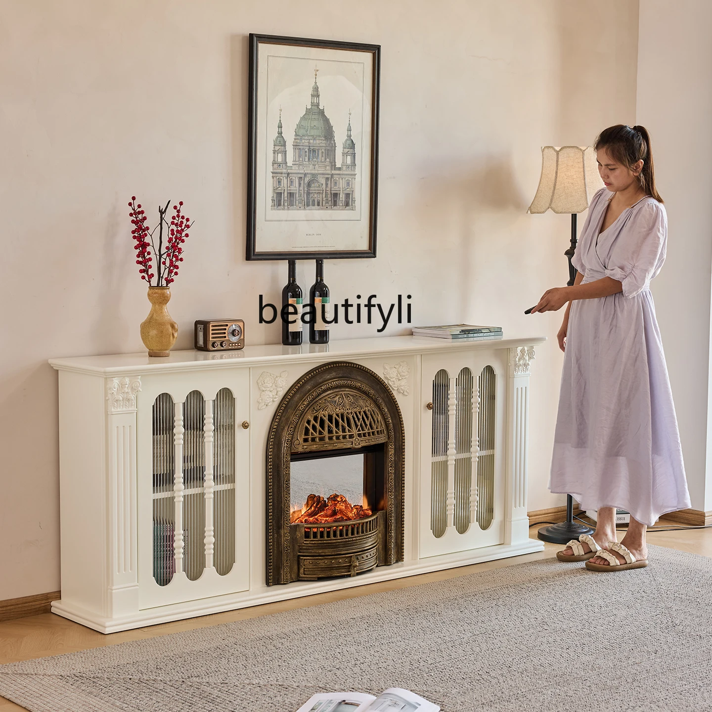 French Style Solid Wood Fireplace TV Cabinet Villa Living Room Simulated Fire Heating Fireplace Decorative Cabinet Milk White