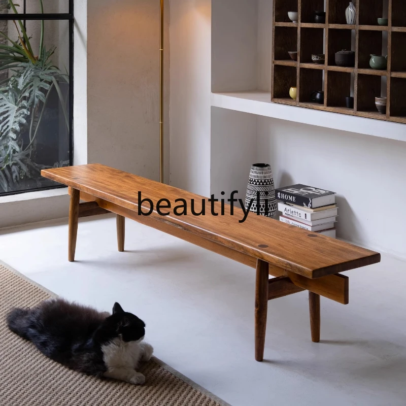 

Myanmar Teak Solid Wood Long Stool Vintage Natural Wood Bed End Stool for Changing Shoes Bathroom Long Stool