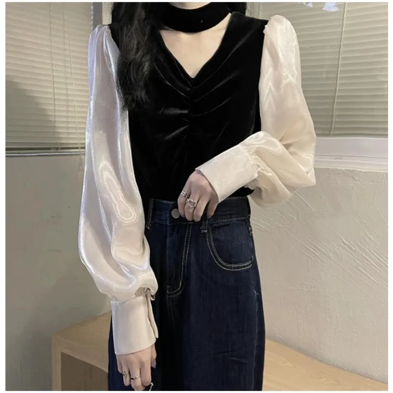 Camicia a maniche lunghe con scollo a V e scollo all'americana in velluto da donna Top a maniche lunghe autunno inverno