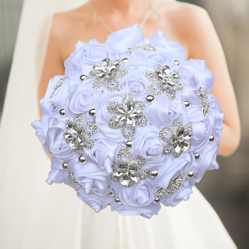 White Bridal And Bridesmaid Bouquets Exquisite Rhinestones Silk Roses And Pearls Handmade Sisters Wedding Bouquets