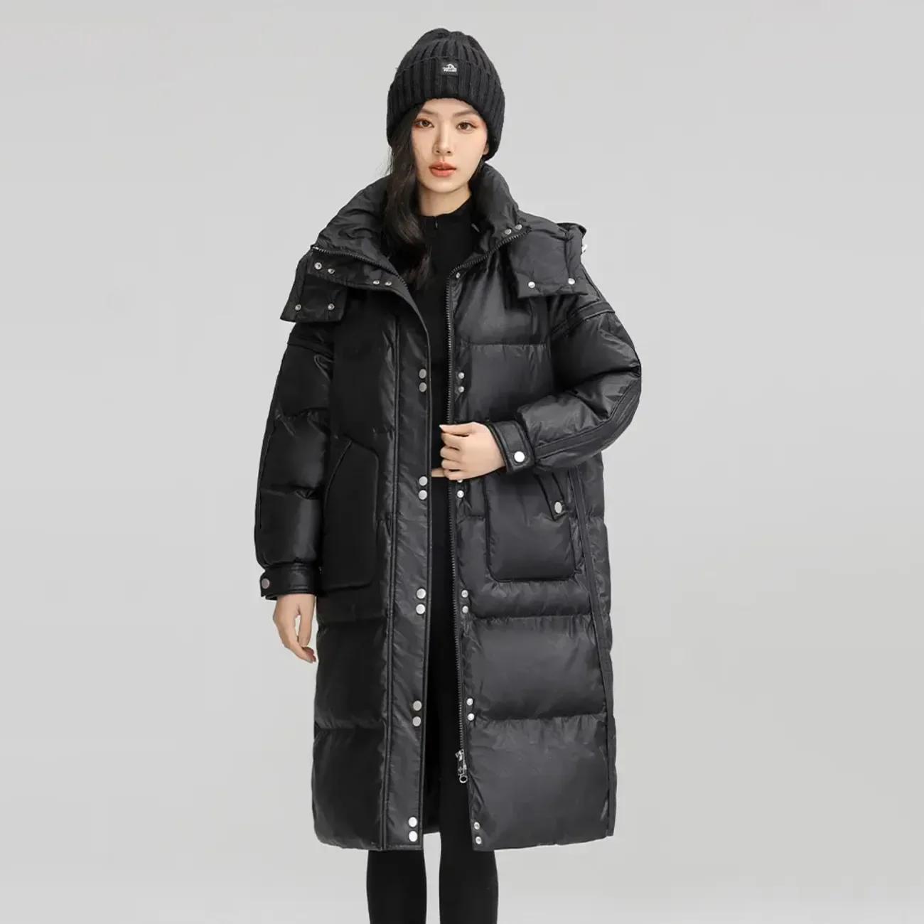 Long Down Jacket Women's Coat 2025 New Winter Contrast Color Stitching Hooded White Duck Down Jacket Casual Thicke Warm Parka