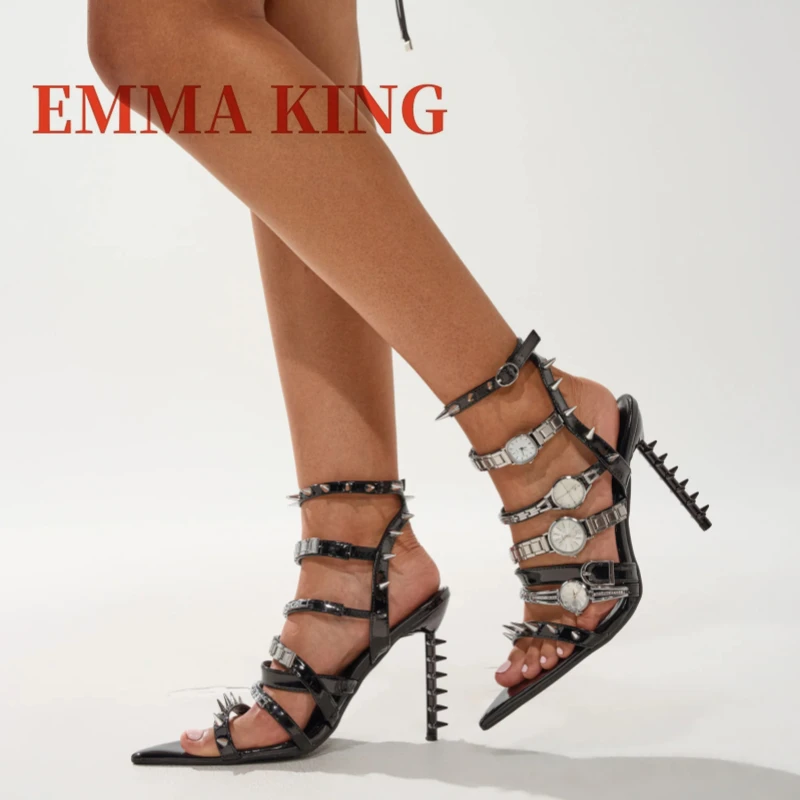 ساعة فضية أحذية مثيرة مفتوحة أشار تو خنجر صندل برشام ديكور رقيقة عالية الكعب الزفاف مضخات أحذية مأدبة نسائية