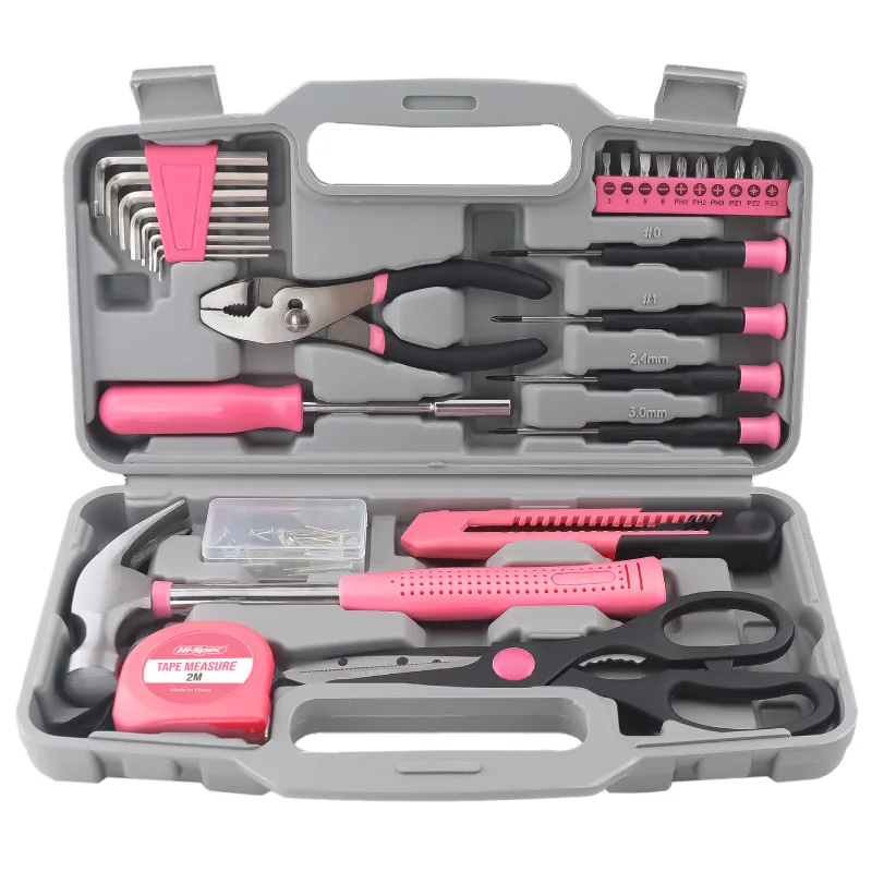 Hi-Spec 39Pcs Pink Hand Tool Set Household Repair Kit Hardware Screwdriver Pliers Hammer Tape Measure Portable Storage Tool Box