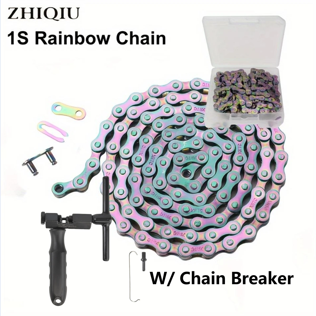 Single Speed Bike Chain,  1 Speed Bicycle Chain,Rainbow Color,W/ Chain Breaker Cutter