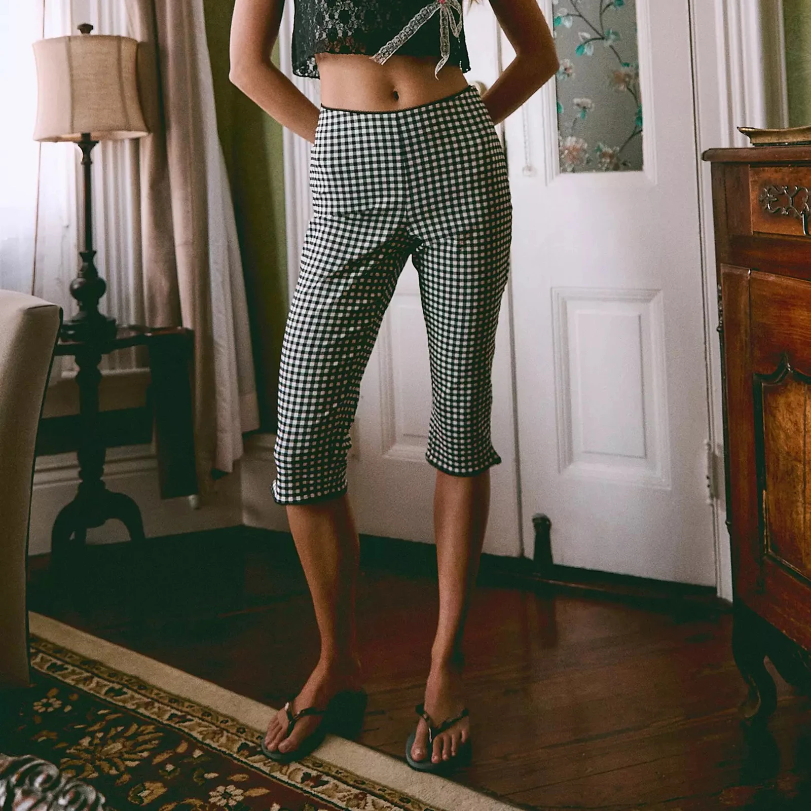 Women Gingham Capri Pants Plaid Cropped Pants Skinny Trousers 3 4 Length Pants Summer Going Out Bottoms