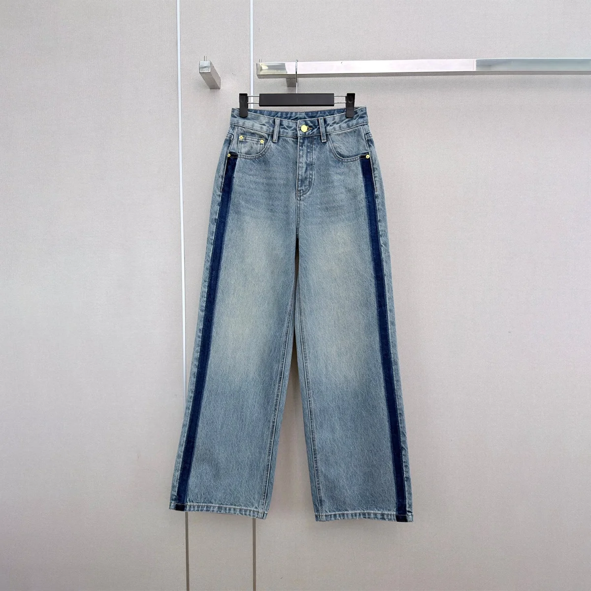 2026 high-quality women's light blue contrasting vertical wide leg denim pants--2692899