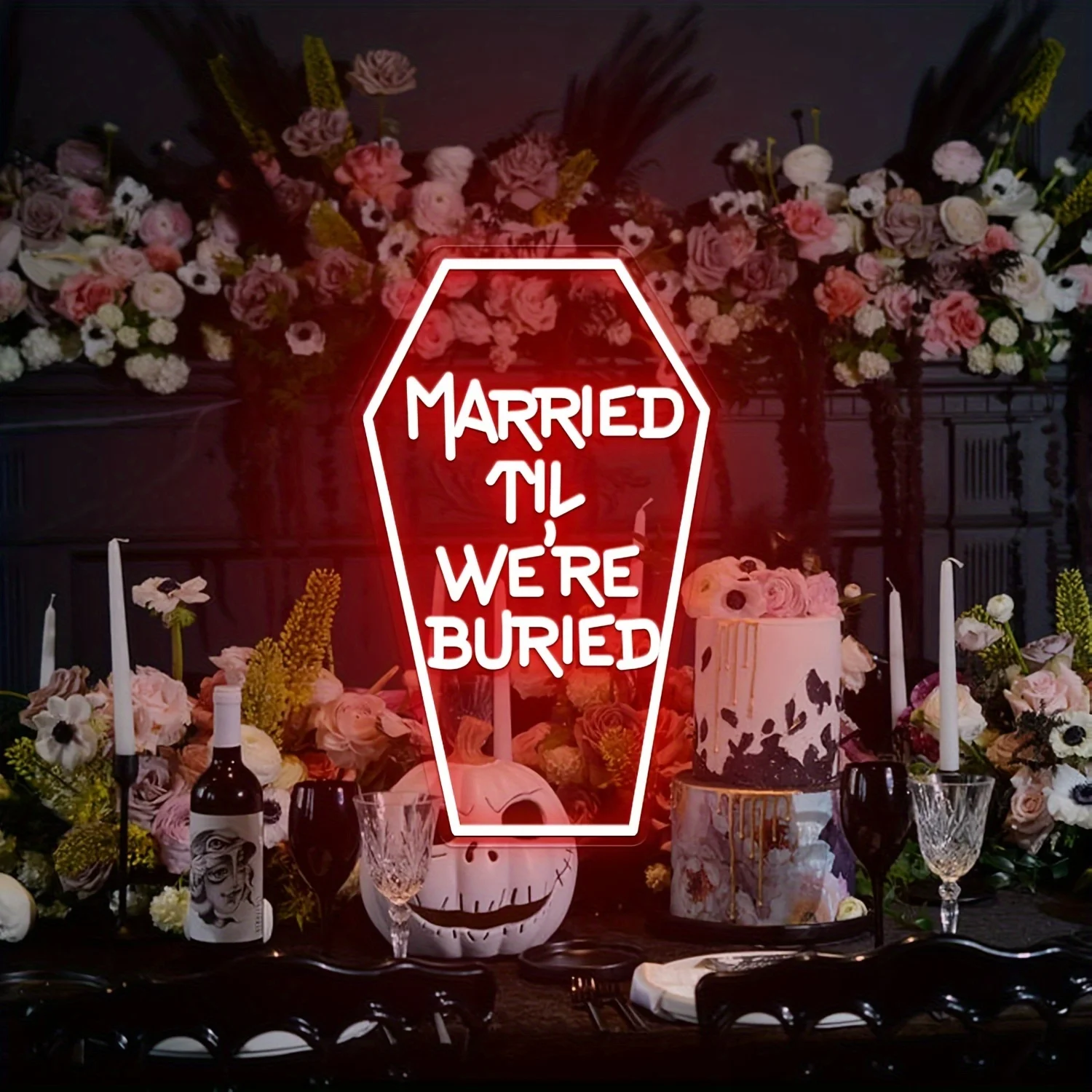 Married Til We're Buried Neon Sign, lámpara gótica Ryder, decoración de pared, decoración de fiesta de boda, regalo de Halloween, alimentado por Usbu