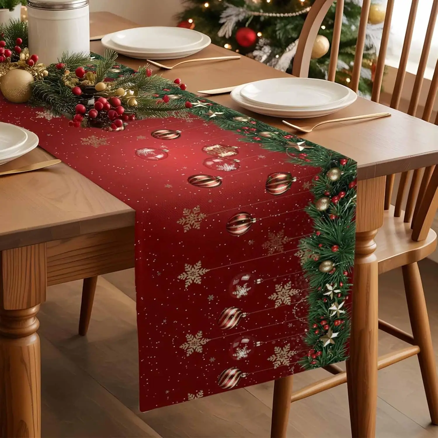 Christmas Snowflakes Pine Needle Xmas Balls Table Runner Party Decor Reusable Kitchen Dining Table Runner Christmas Decorations