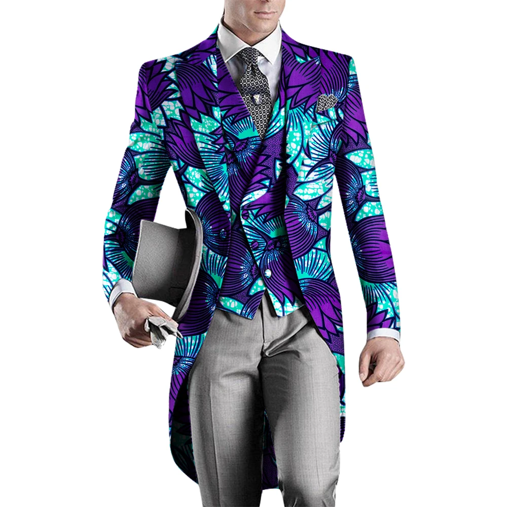 2 Pieces African Clothes for Mens African Printed Long Blazer Jacket and Vest Men Slim Suits Tailcoat Swallowtail Party WYN960