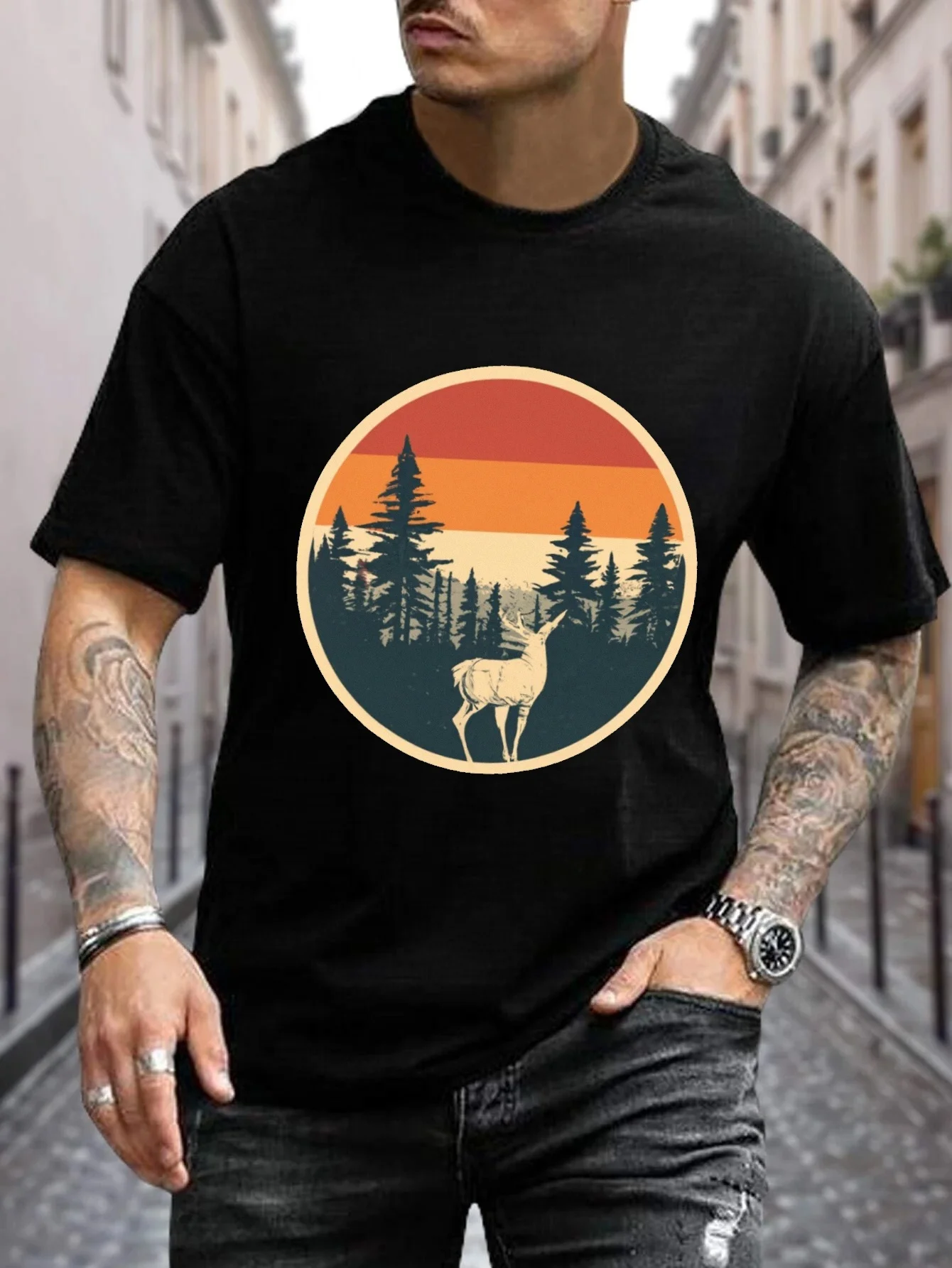 Retro Forest And Deer Print Men\'s T-shirt For Summer Outdoor, Casual Male Clothing, Gift For Men