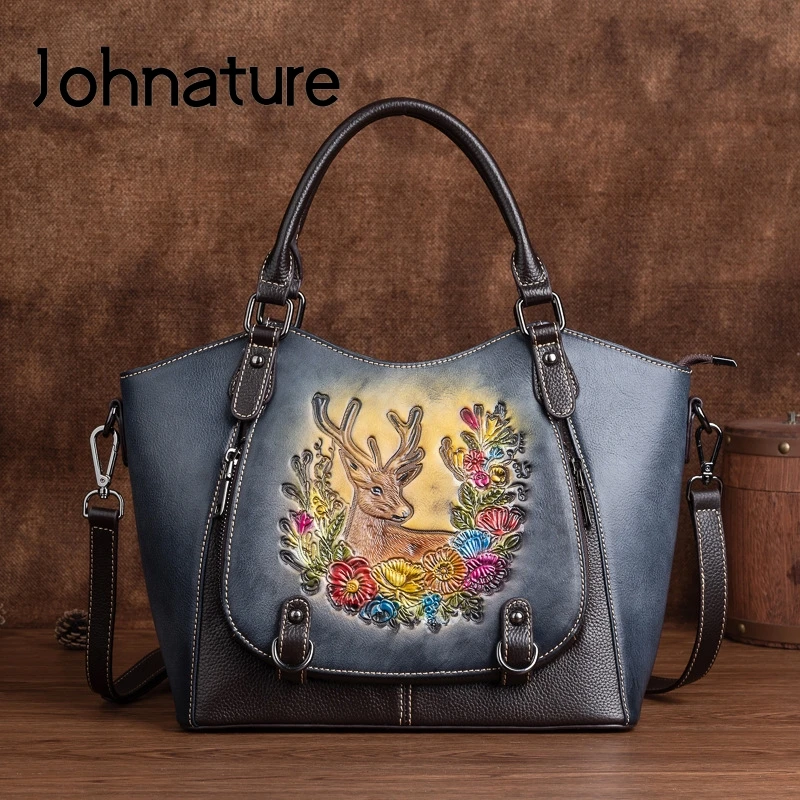 Johnature Genuine Leather 2024 New Luxury Handbags Women Bags Designer Vintage Embossed First Layer Cowhide Female Shoulder Bags