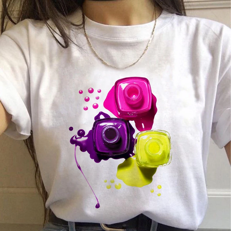 2025 Summer Women T-Shirt Nail Polish Printed Tshirts Femme Casual Tops Tee Harajuku 90s Vintage White Tshirt Female Clothing