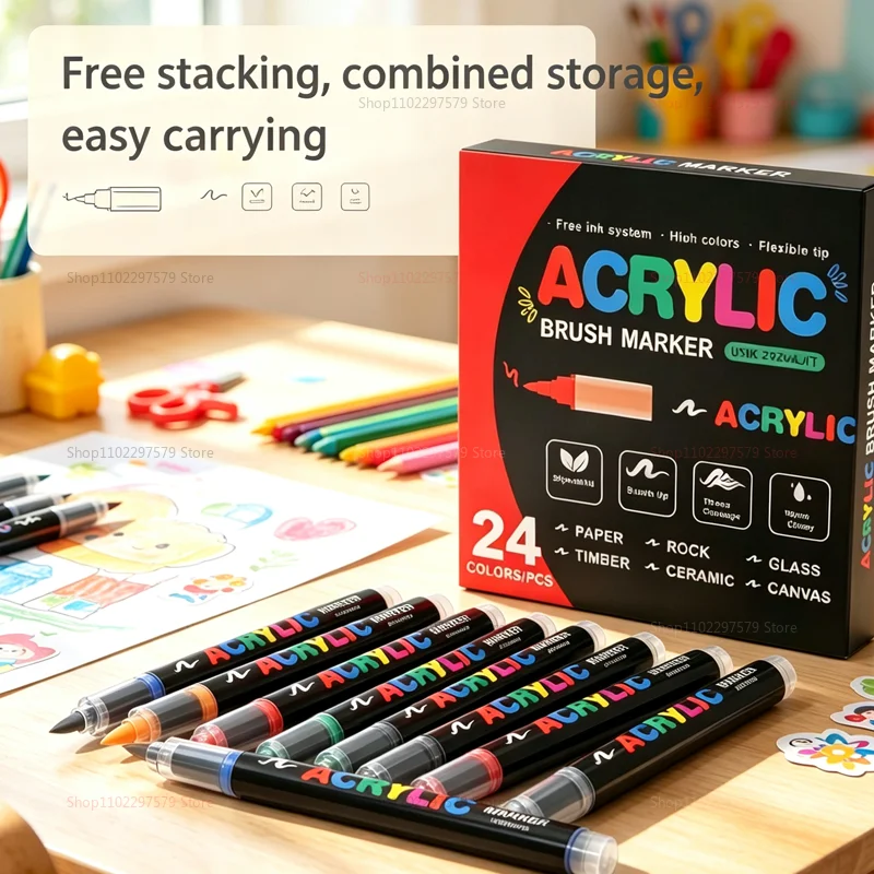 12-36 Colors Acrylic Paint Pen Markers Acrylic Felts Brush Tip Paint Markers For Wood Rock Painting Canvas Gift DIY Crafts
