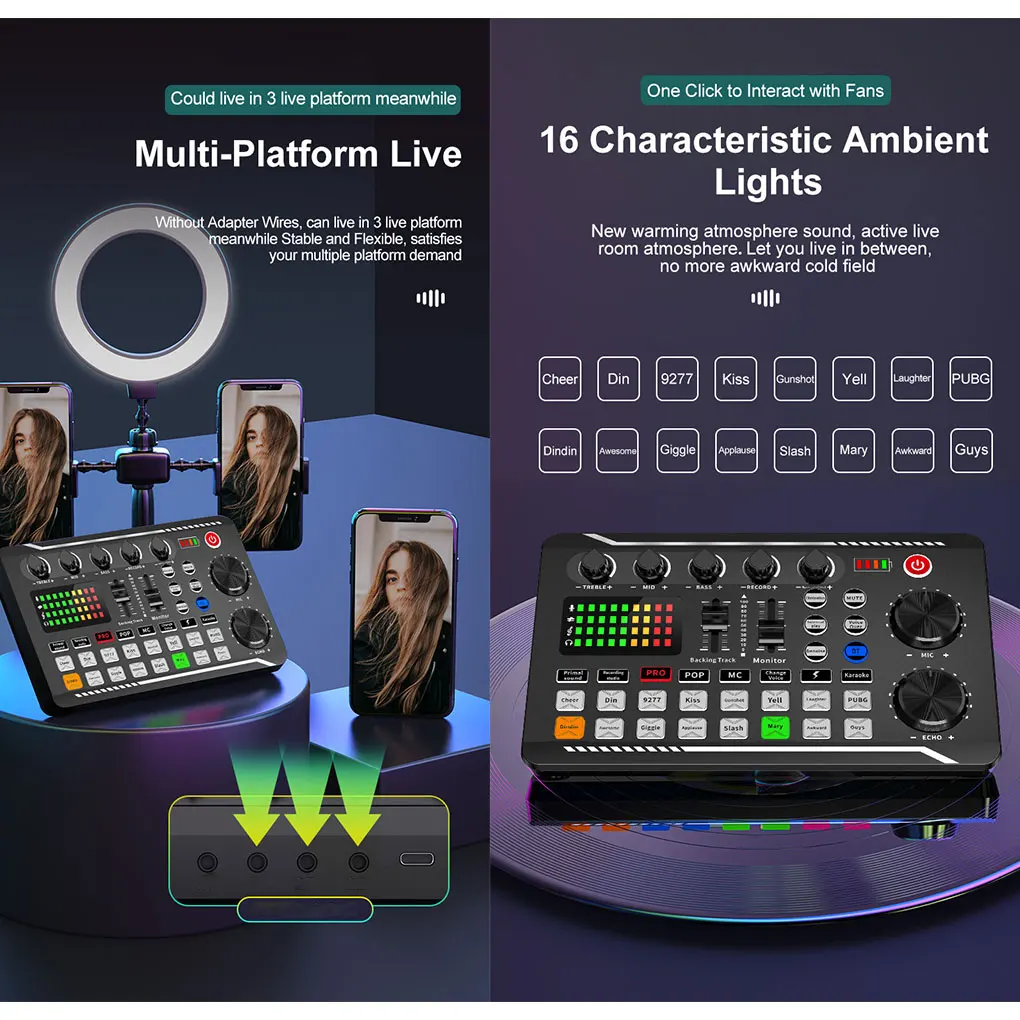 Live Sound Card Audio Interface DJ Mixer Effects Voice Changer Bluetooth-Compatible Stereo Audio Mixer for LIVE Streaming F998