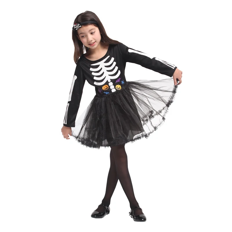 Children Halloween Cosplay Costumes Skeleton Bones Boy Jumpsuit Girl Dress Scary Creepy Black White Costume Suits