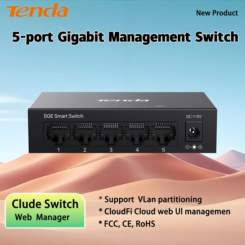 Tenda TEG2205D 5GE Cloud Managed Switch 5 Port Gigabit  Ethernet Switch 5 X 1000Mbps Lan Hub VLan Division Cloud App