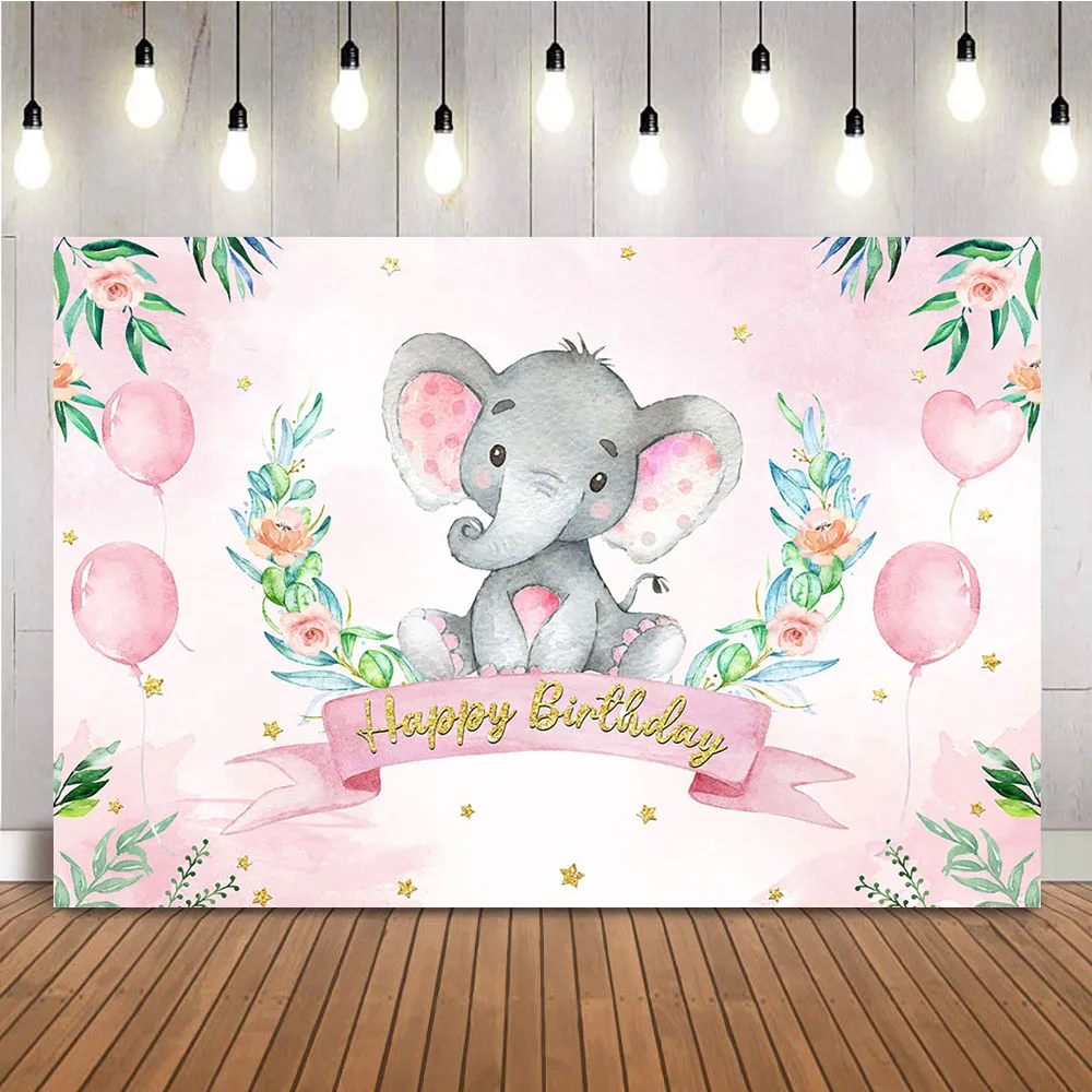 Toile de fond d'éléphant rose pour la décoration de fête à thème joyeux anniversaire, ballons roses, paillettes dorées, points brillants, accessoires de fond photo