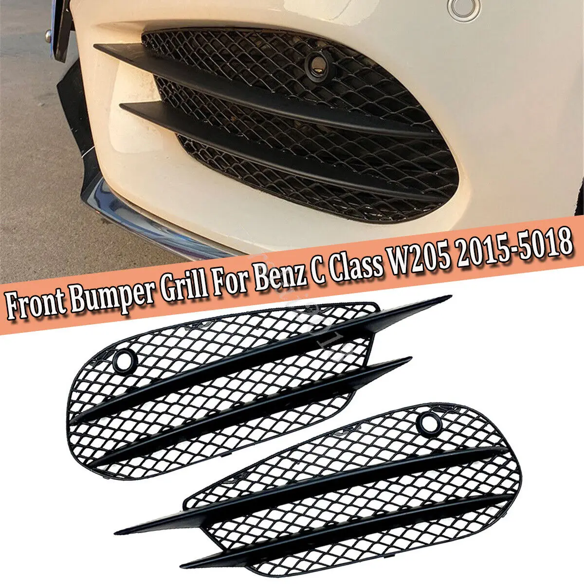 Front Bumper Fog Light Racing Grille Cover For Mercedes-Benz C-Class W205 C43 C205 S205 AMG Line 2015‑2018 1Pair Fog Lamp Grill