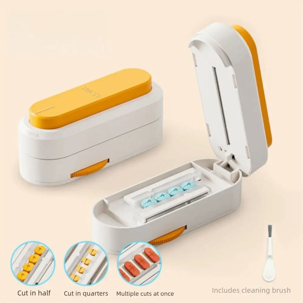 

2 In 1 Pill Storage Box Dust-Proof with Cleaning Brush Portable Pill Cutter Effortless Halve/Quartering Tablet Divider Case