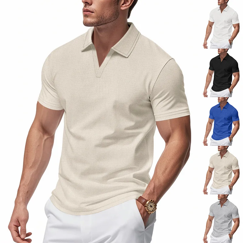2026 Summer New Polo Collar Casual Fashion Men's Clothing Waffle Short Sleeve Solid Color Casual V Collar Polo Shirt Male Top