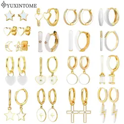 925 Sterling Silver Needle White Enamel Earring Geometric/star/heart Pendant Hoop Earrings Cute Girls Gift Fashion Fine Jewelry