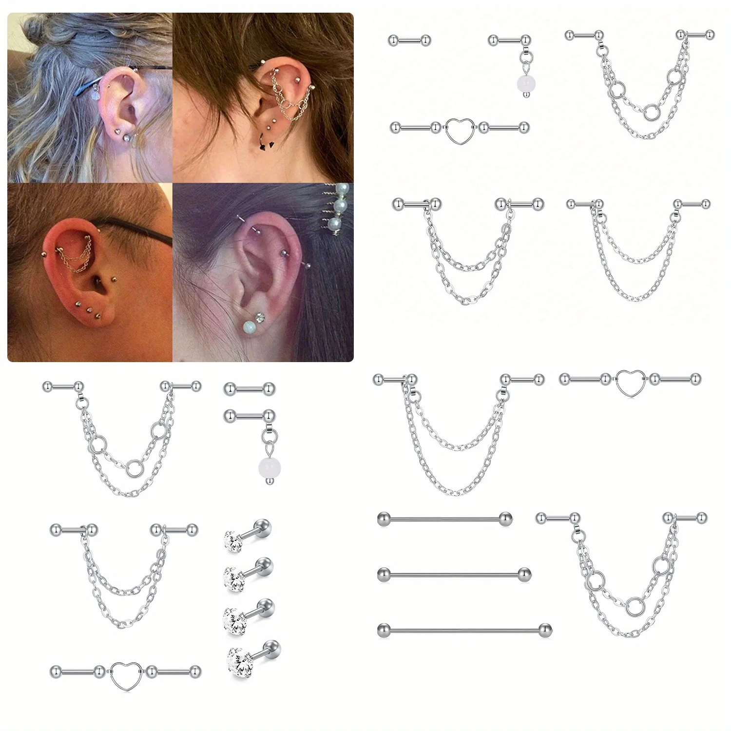 6-8Pcs/Set Stainless Steel Cartilage Earrings Studs Industrial Barbell Body Piercing Stud Barbell Set