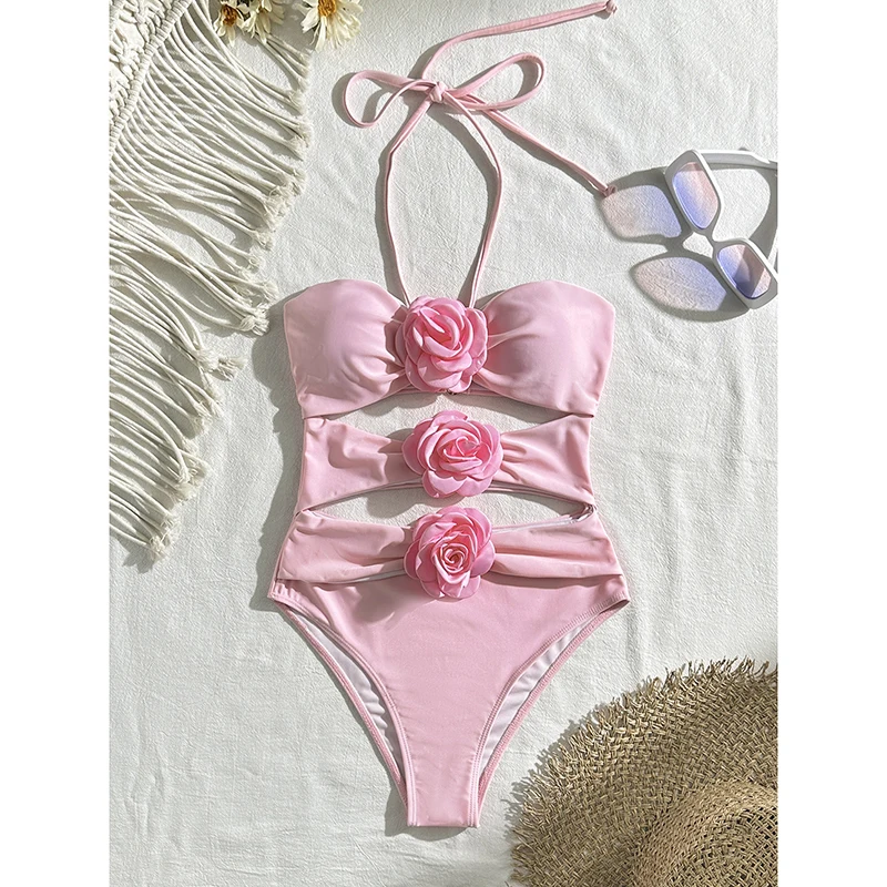 Sexy Black Halter One Piece Swimsuit Women Cutout Monokini with 3D Flower Design Trendy Beachwear for Summer Holiday Vacation