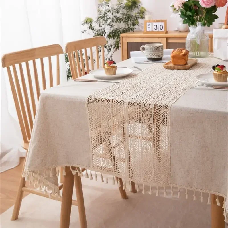 

Rustic Table Cloth Rectangle Hollow Splicing Farmhouse Style Washable Tassel Tablecloth Kitchen Dining Room Christmas Decoration