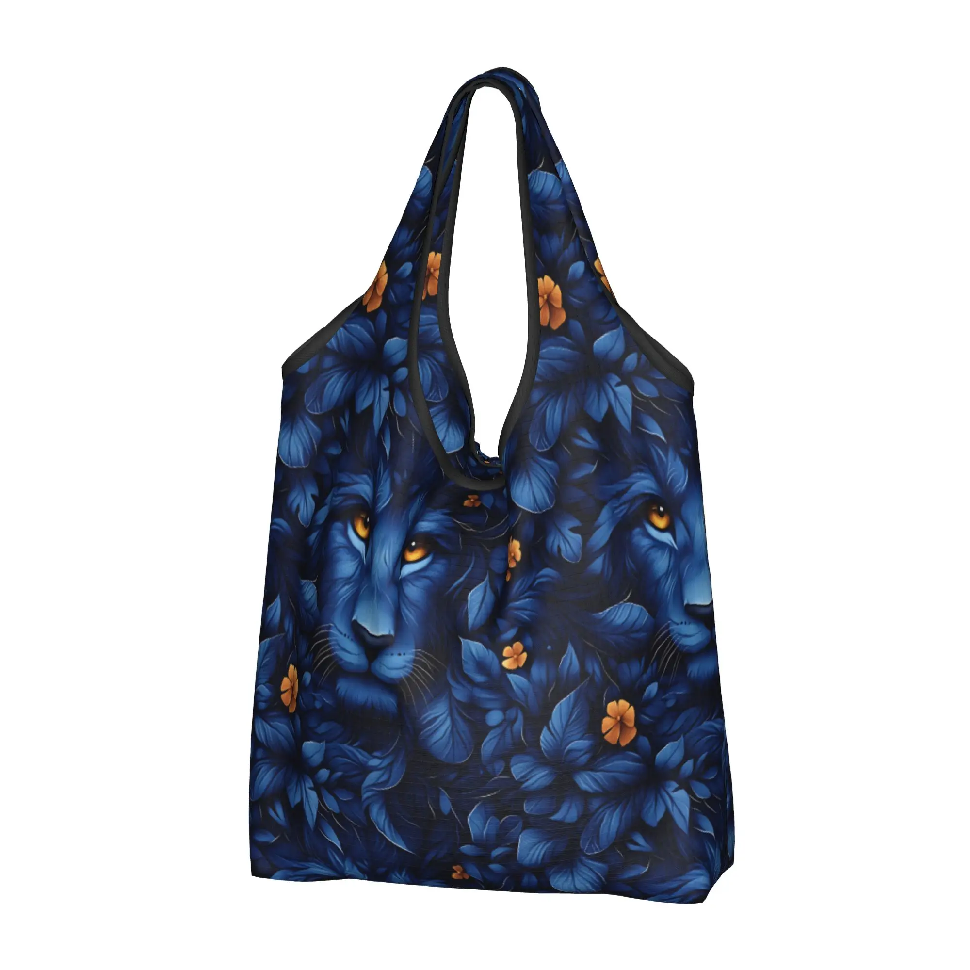 Blue Wildlife African Lion Botanical  Groceries Shopping Bag Cute Shopper Tote Shoulder Bags Portable With Orange Gold Handbag