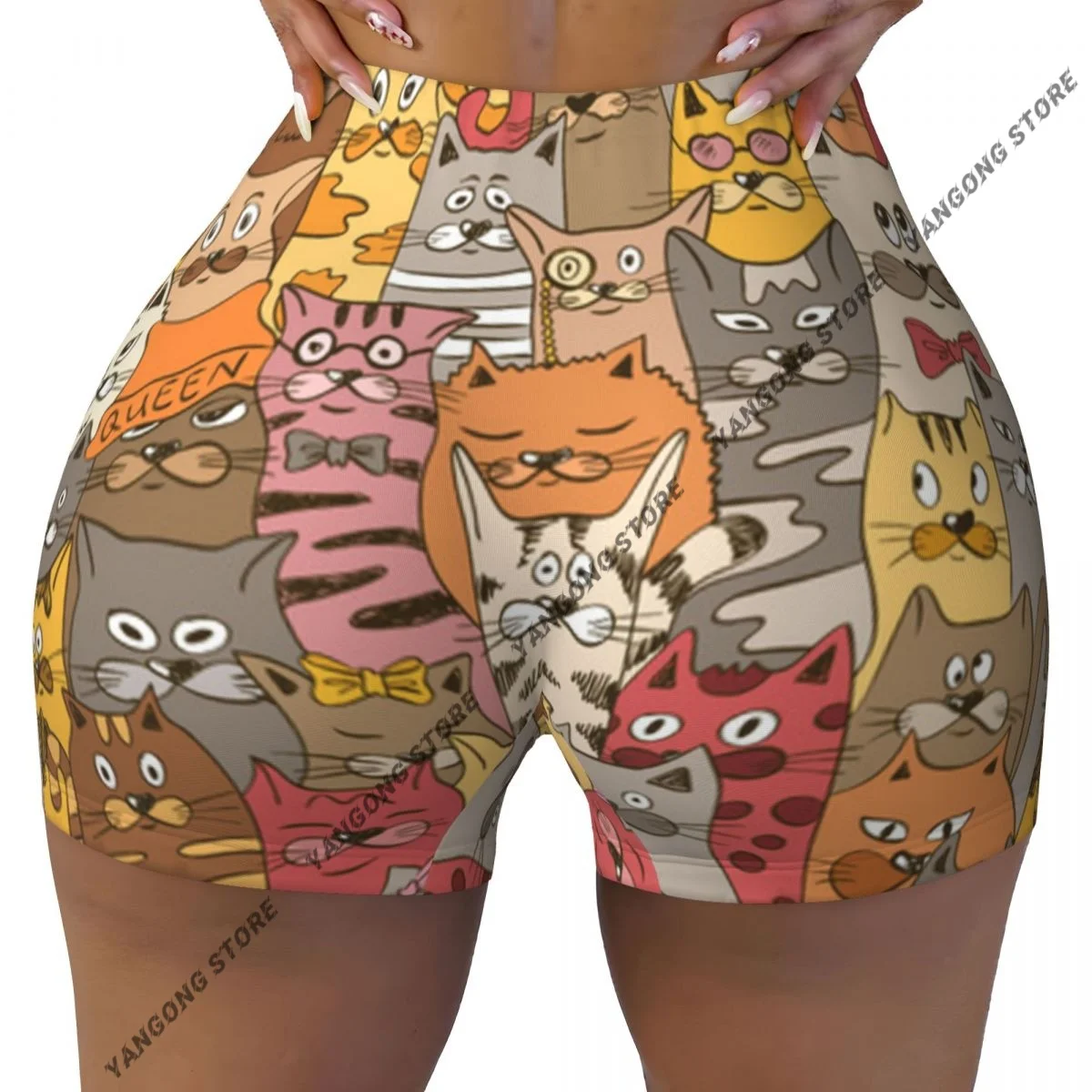 Calções de yoga psicodélicos gatos engraçados fundo abstrato feminino motociclista apertado elástico treino esportes leggings roupas esportivas