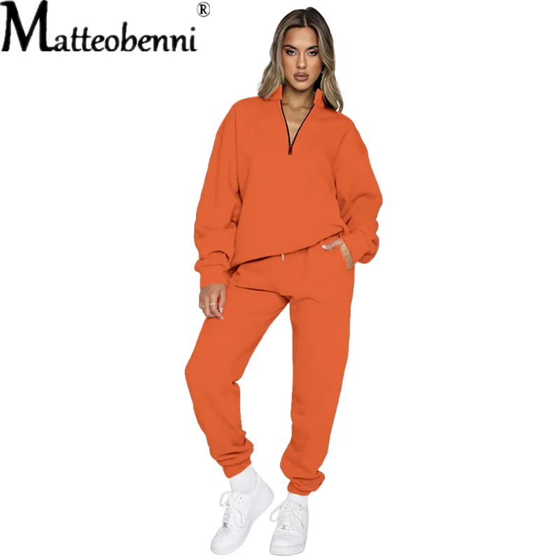 Fashion Solid Color Sports Suits Women Autumn Winter Zipper Pullover Long Sleeve Sweatshirt Casual Trousers Pants Two-piece Sets