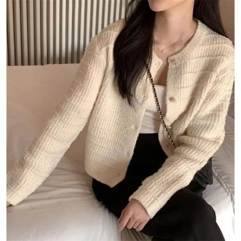 Long Sleeved Sweater For Women Elegant Tweed Knitted Cardigan Loose Fit Casual Solid Color Outer Wear Spring Autumn All-Match