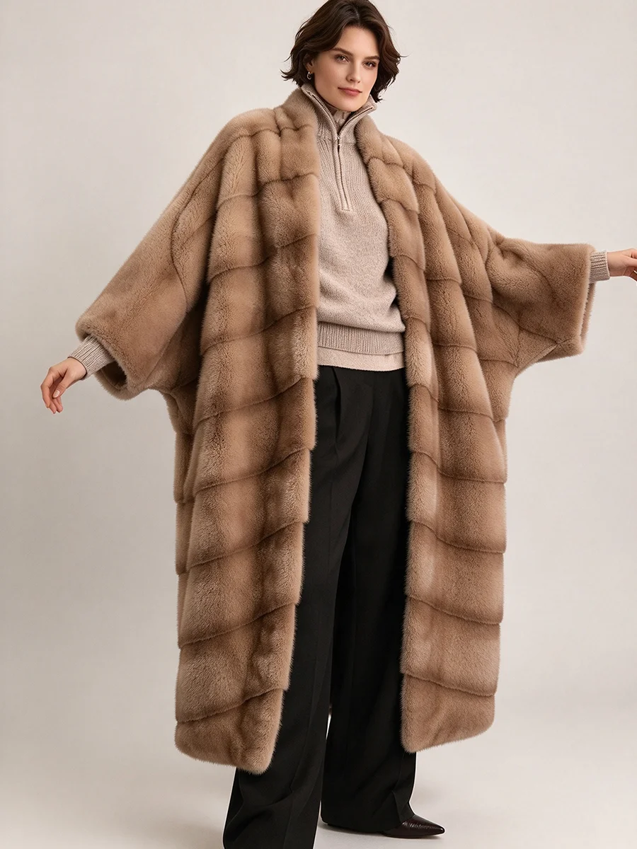 LIMO Women Long Faux Fur Cape Coat Stand Collar Striped Warm Winter Poncho