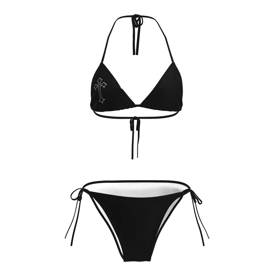 Women's Y2K Gothic Bikini Set Black Cross Print Triangle Halter Two Piece Swimsuit with Side Tie Bottoms for Beachwear 2026 New