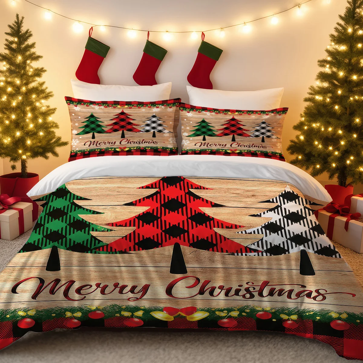 3pcs Checkered Christmas Tree Print Coreless Duvet Cover Set Multiple Sizes Bedrooms Dormitories Comfortable Machine Washable