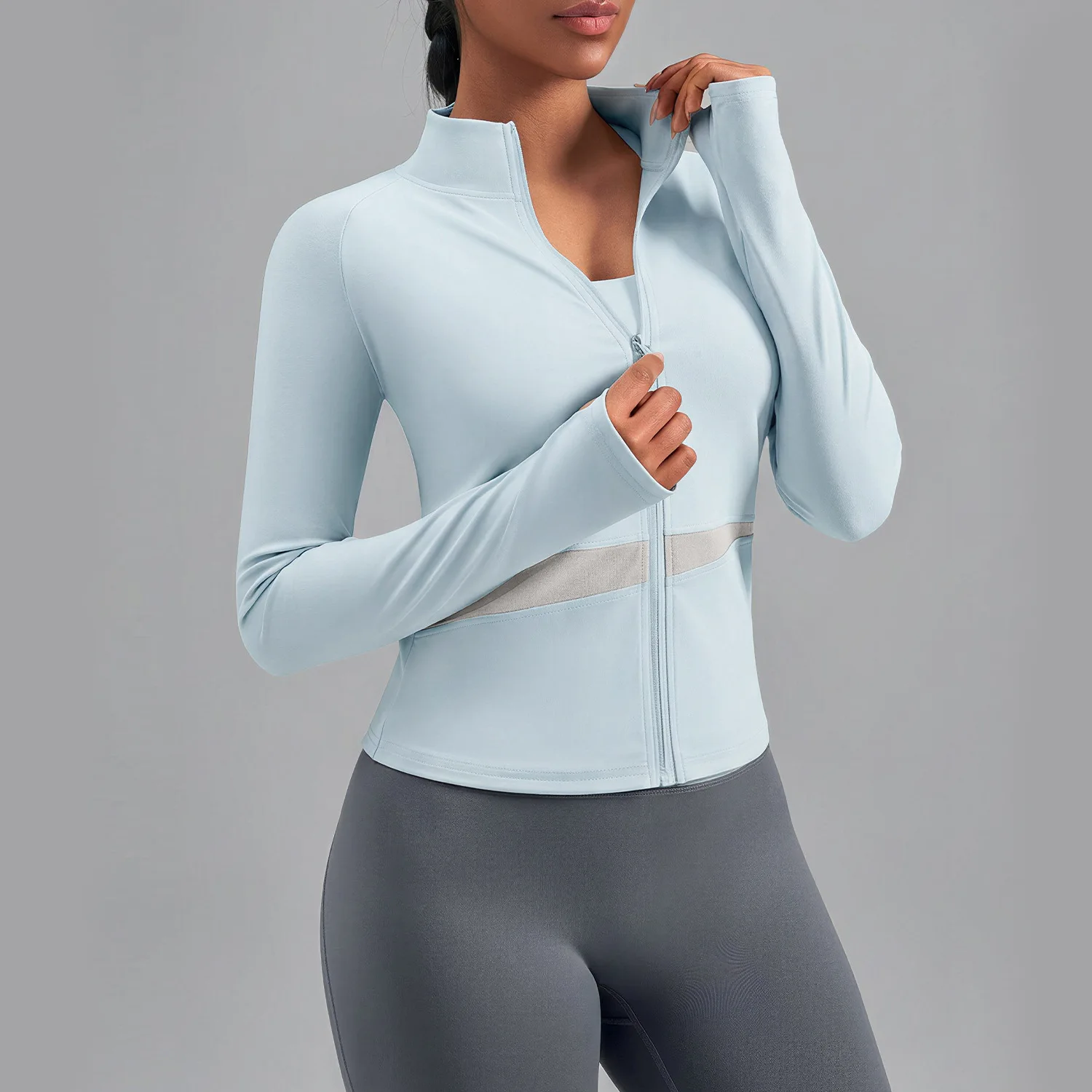Damen Yoga-Jacke mit Hohem Kragen und Kontrastfarben, Atmungsaktives Fitness-Oberteil für Aktive Sportbekleidung