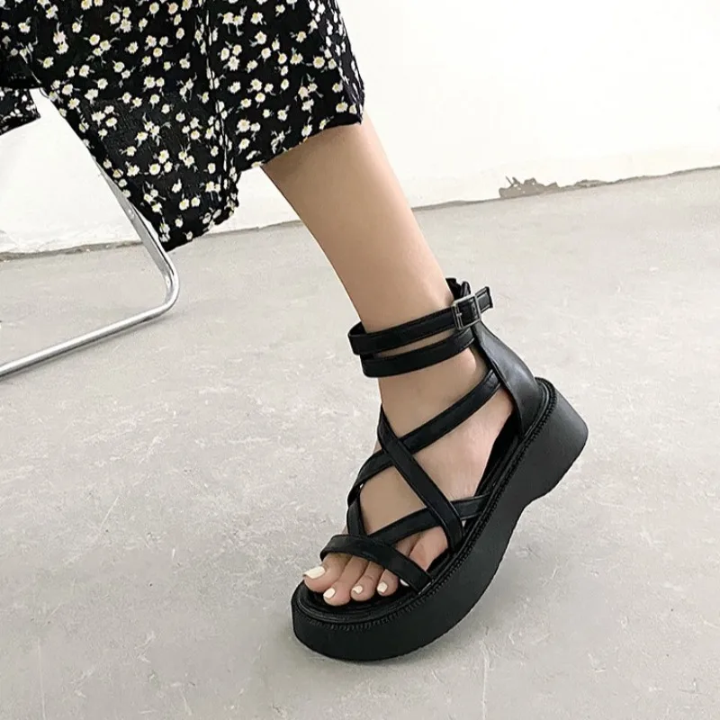 Solid Women Sandals 2024 New Summer Roman Hollow Thick-soled Sandales Women\'s Black Zipper Round Toe Open-toe Sandalias Mujer