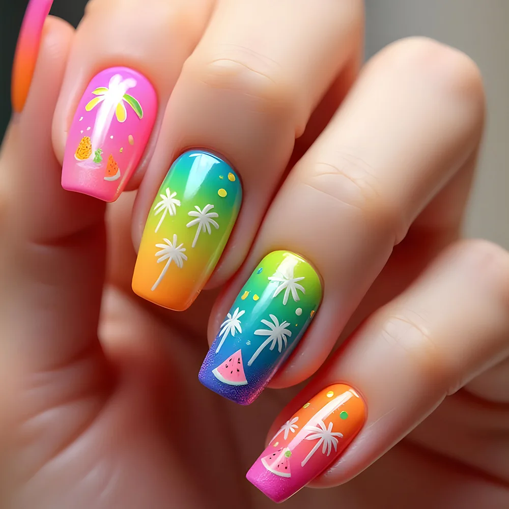 

2026 New Simple Sweet and Cool Fluorescent Tropical Long Nail Design with Coconut Tree and Watermelon Elements