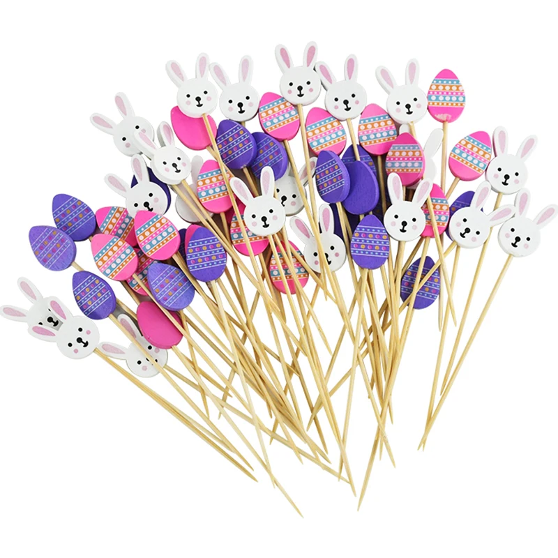 100pcs Easter Disposable Bamboo Toothpicks Rabbit Eggs Buffet Fruits Food Picks Fork Cake Topper For Easter Birthday Party Decor